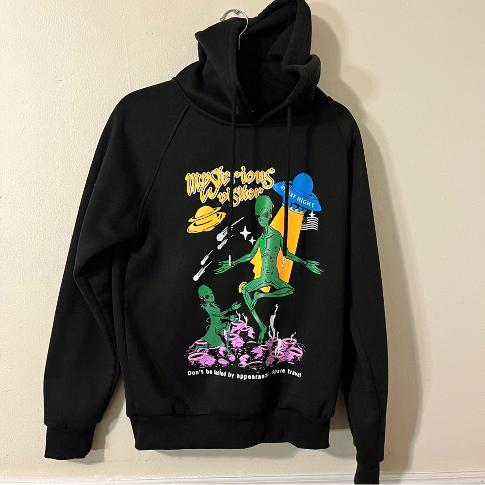 Black Graphic Hoodie with Alien Design